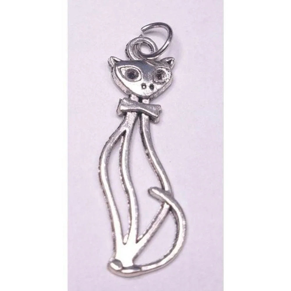 New Hollow Sophisticat Tall Cat Pendant‎ Charm Silvertone Feline Kitty Kitten